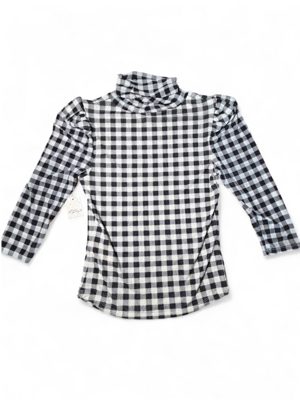 Free People Gather Turtleneck Top Gingham Puff Sleeve Black White NWT S - Picture 5 of 7